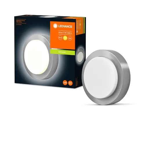 LEDVANCE Applique murale et plafonnier LED : pour mur, ENDURA STYLE DISC / 8 W, 220...240 V, blanc chaud, 3000 K, matériau du boîtier : acier inoxydable, IP44 Promotion