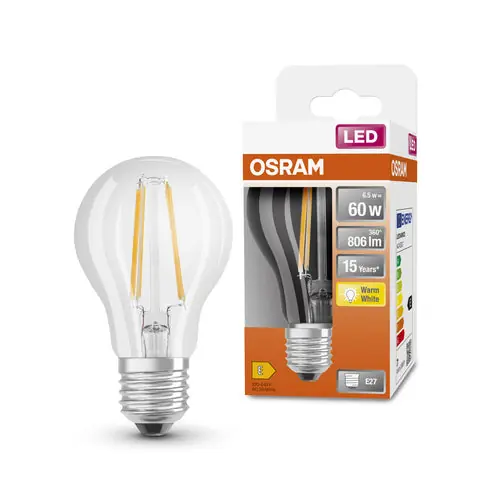 OSRAM LED Rétrofit Classic A LED Lampe (ex 60W) 6,5W / 2700K Blanc chaud E27 Livraison Express