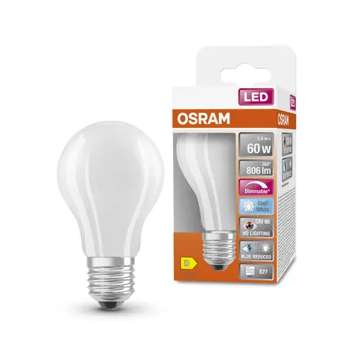 OSRAM Lampe LED dimmable LED SUPERSTAR+ CL A GL FR 60 dim 5,8W/940 E27 IRC90 BOÎTE, E27, blanc froid Nouveauté