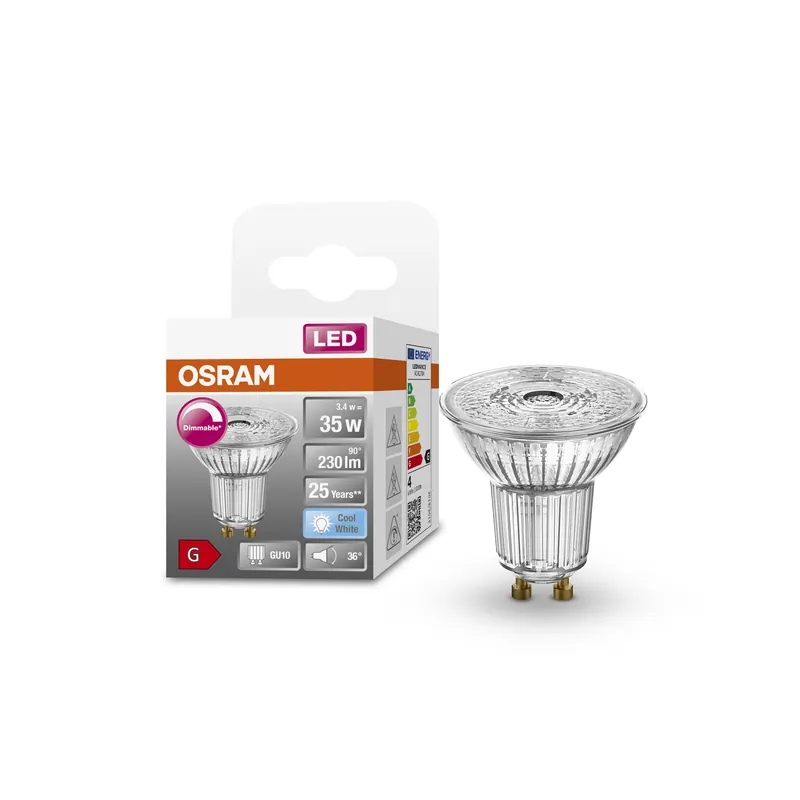 Paiement Sécurisé OSRAM Ampoule LED à intensité variable PAR16 avec culot GU10, blanc froid (4000K), spot en verre, 3.7W, remplace une ampoule à réflecteur de 35W, LED SUPERSTAR PAR16