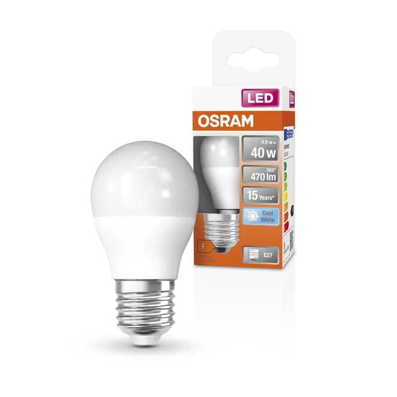 Haute Qualité Ampoules LED OSRAM, forme classique de mini-boule, remplacement de 40 watts, E27, P-shape, 4000 Kelvin, blanc froid, mat, single pack