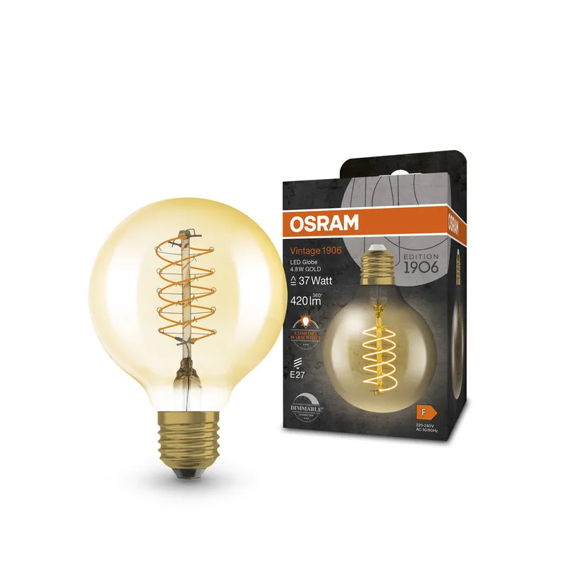 Meilleure Vente OSRAM Ampoules LED à intensité variable, édition vintage, remplacement de 37 watts, E27, G80, 2200 Kelvin, lumière chaude confort, verre clair, single pack