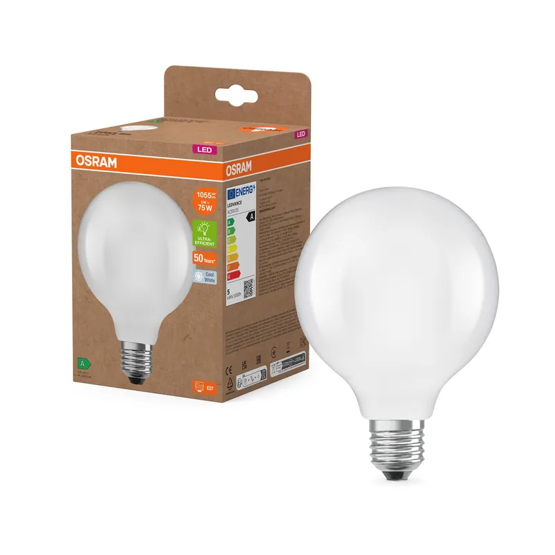 OSRAM lampe globe LED avec filament EEK A, E27, 5W, 1055lm, blanc froid Réduction