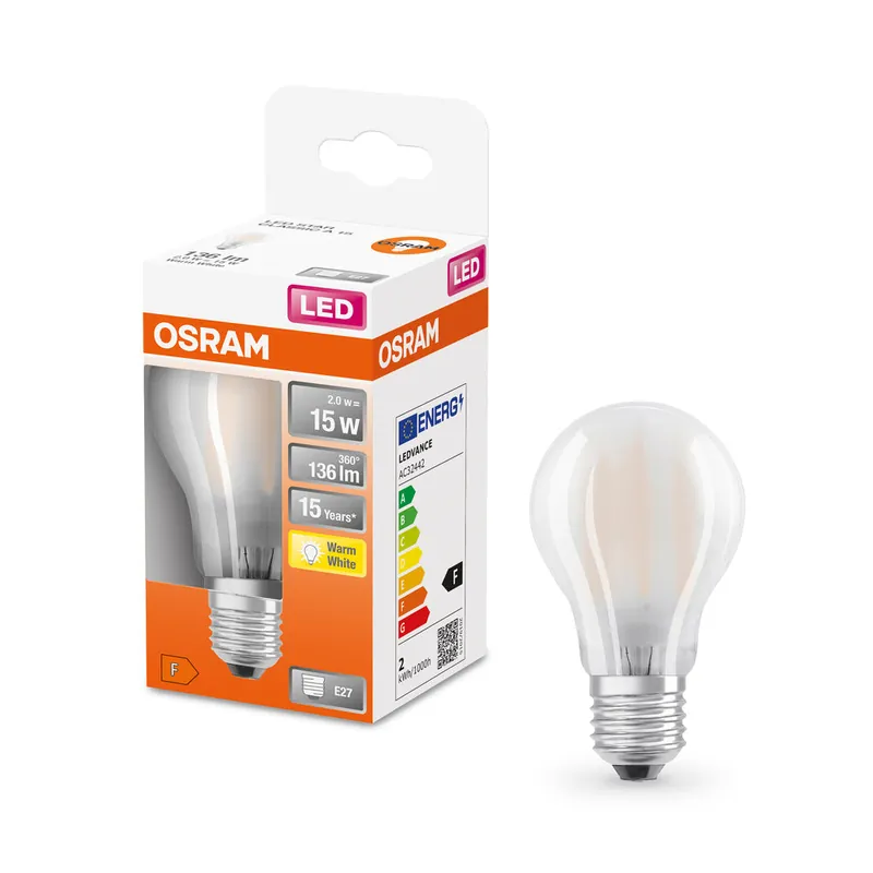 Lampe LED OSRAM LED Retrofit CLASSIC A 1,5W 827 Frosted E27, 136 lm, 2700 K, blanc chaud Remise