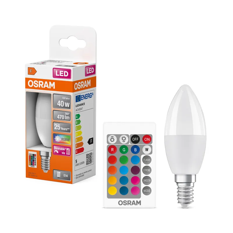 Lampe LED OSRAM Lampes LED Retrofit RGBW avec télécommande 4,9 W 827 Frosted E14, 470 lm, 2700 K, Blanc chaud Vente Flash