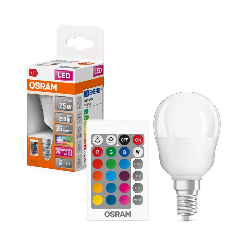 Lampe LED OSRAM Lampes LED Retrofit RGBW avec télécommande 4,2 W 827 Frosted E14 P-Form, 250 lm, 2700 K, Blanc chaud Populaire