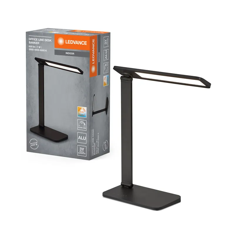 Promotion Saisonnière Lampe de bureau LEDVANCE OFFICE LINE Desk Banker 7W CCT Dimmable Noir, 418 lm, 3000 K / 4000 K / 6500 K, blanc chaud|blanc froid|lumière du jour froide