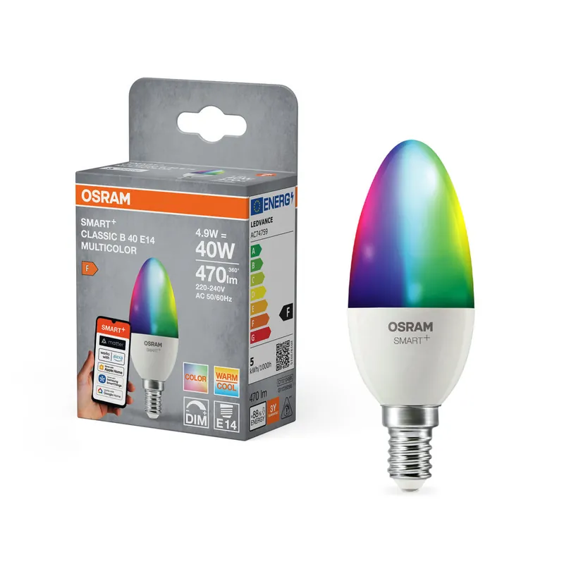 OSRAM Matter SMART+ LED Lampe CLASSIC B, RVB, Optique givrée, 4,9W, 470lm, E14 Marque